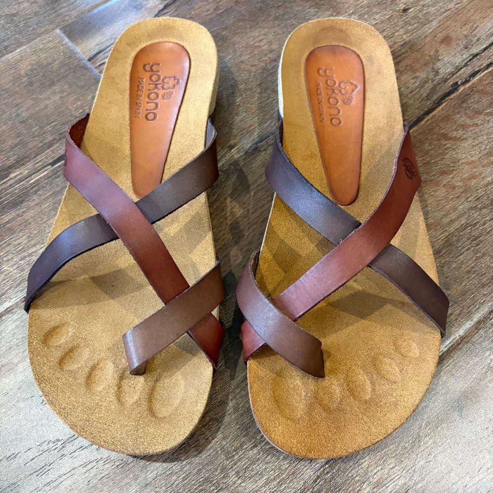 Yokono Leather Cross Strap Slide Comfort Sandals in Tan Suede
